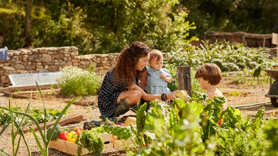 mother and children in garden